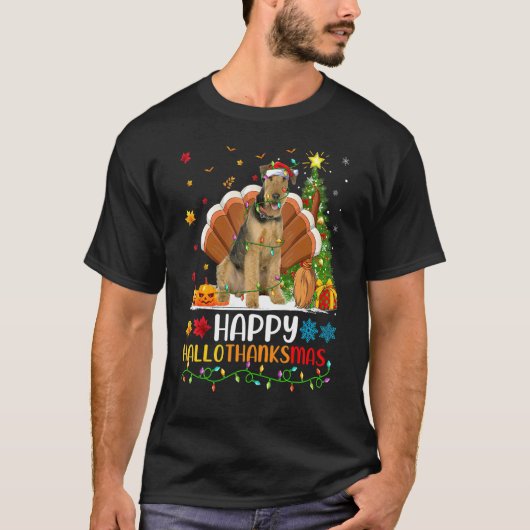幸せなエアデールテリア犬 Hellothanksmas Tシャツ (正面)