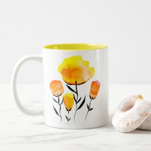 幸せなオレンジと黄色の花 ツートーンマグカップ (ドーナツ)