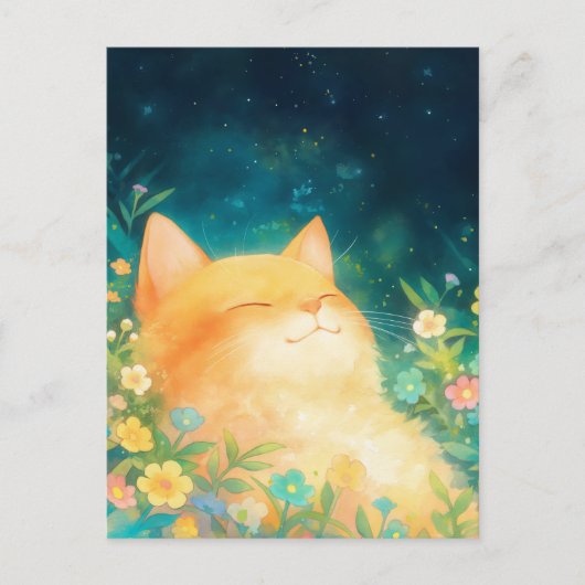 幸せなオレンジの子猫 星空の夜 ポストカード (正面)