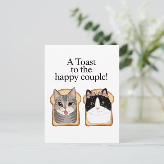 幸せなカップルの猫のおもしろい婚約結婚に乾杯 ポストカード (スタンド正面)
