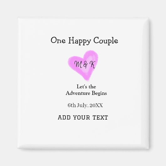 幸せなカップル ピンクのハート 結婚式 名前 日付 マグネット (正面)