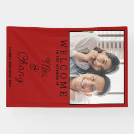 幸せなカップル フォト 赤と黒の結婚式 ウェルカム 横断幕