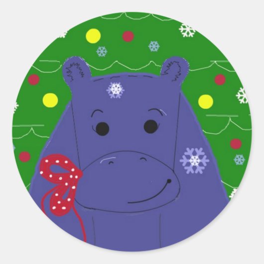幸せなカバのクリスマスデザイン ラウンドシール (正面)