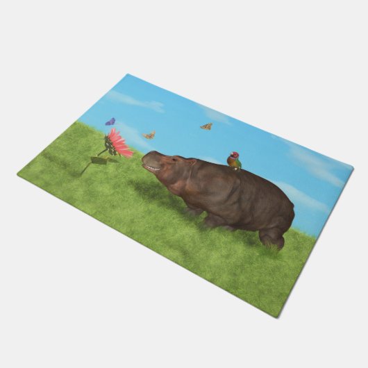 幸せなカバ、花、蝶 ドアマット (アングル)