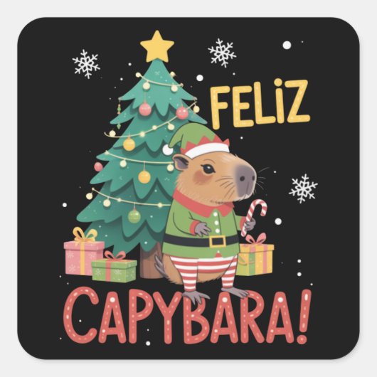 幸せなカピバラのエルフ クリスマスツリー  スクエアシール (正面)