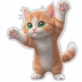 幸せなキャラクターオレンジの猫が前足をあげる シール (正面)