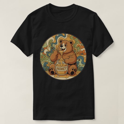 幸せなクマの蜂蜜食べ - グルービーな自然芸術 Tシャツ (デザイン正面)