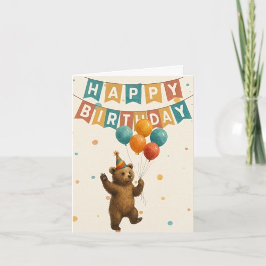 幸せなクマの誕生日カード - かわいいパーティーアニマル カード (正面)