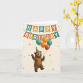 幸せなクマの誕生日カード - かわいいパーティーアニマル カード (黄色い花)