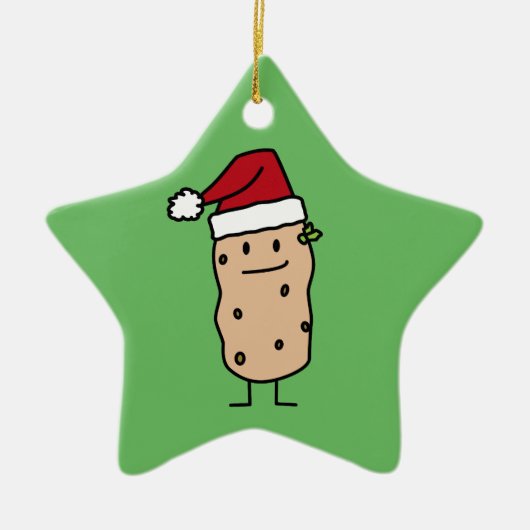 幸せなクリスマスのサンタの帽子を身に着けているポテトのポテト セラミックオーナメント (正面)
