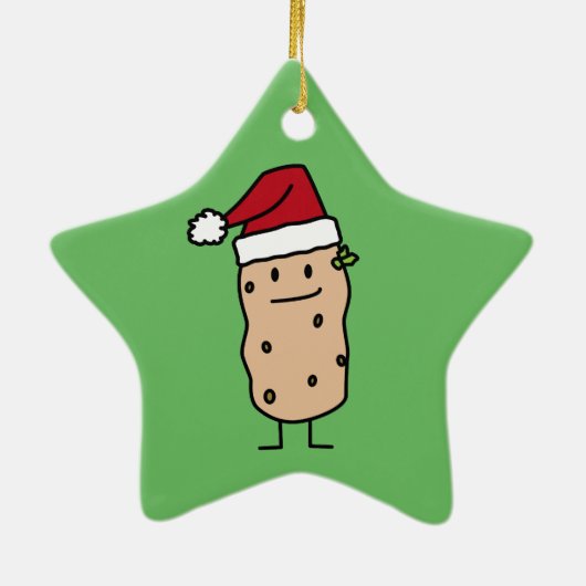 幸せなクリスマスのサンタの帽子を身に着けているポテトのポテト セラミックオーナメント (裏面)