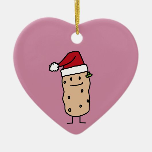 幸せなクリスマスのサンタの帽子を身に着けているポテトのポテト セラミックオーナメント (正面)