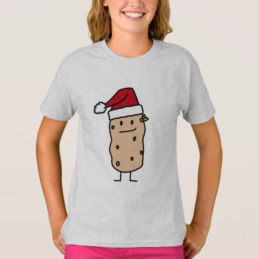 幸せなクリスマスのサンタの帽子を身に着けているポテトのポテト Tシャツ (正面)