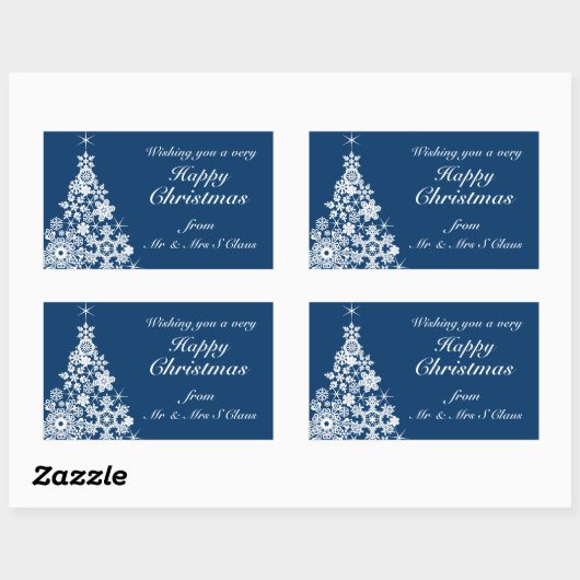幸せなクリスマススノーフレークの木のギフトラベル青 長方形シール (シート)