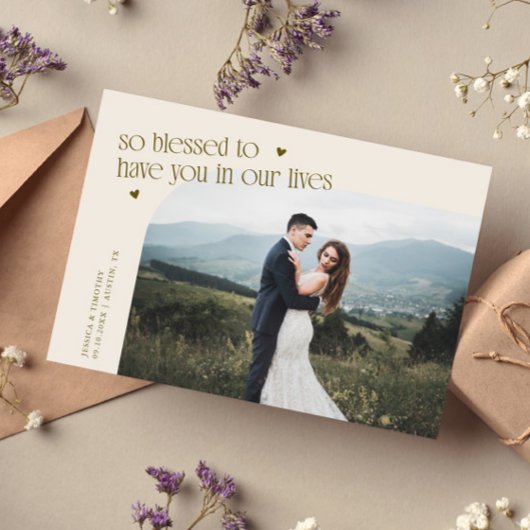 幸せなクリーム色の結婚式の写真 サンキューカード
