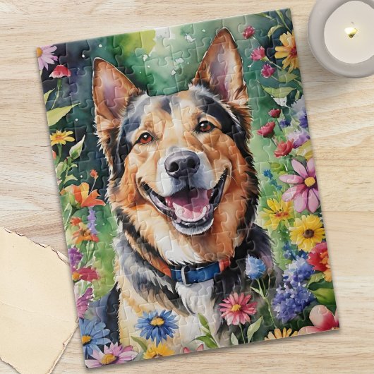 幸せなジャーマンシェパードの肖像画 水彩画の動物 ジグソーパズル