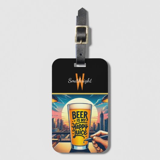 幸せなジュースを一口に楽しめる街並み夕日 ラゲッジタグ (正面縦)