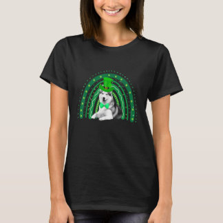 幸せなセントパトリックスデーの虹と緑のハスキー犬 Tシャツ