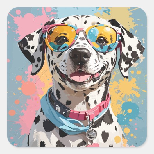 幸せなダルメシアンの犬の顔のイラスト スクエアシール (正面)
