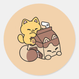 幸せなチョコレートミルクをすすり飲む - かわいい猫のフードデザイン ラウンドシール