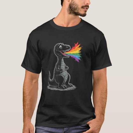 幸せなティラノサウルスと喜びのレインボーレーザー Tシャツ (正面)