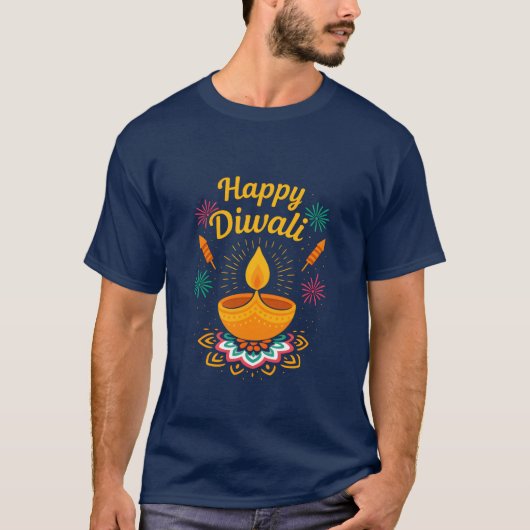 幸せなディワリ祭りのデザイン | ディヤと花火 Tシャツ (正面)