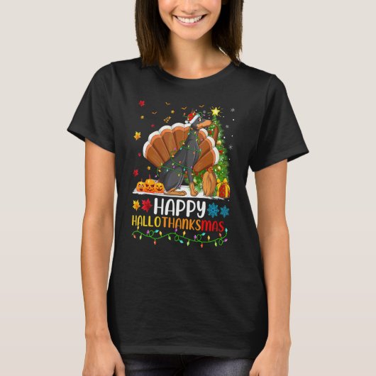 幸せなドーベルマンピンシャー犬 Hellothanksmas Tシャツ (正面)