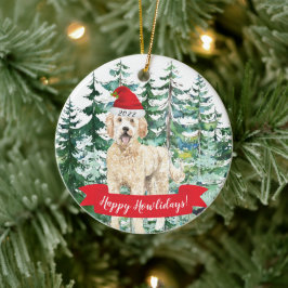 幸せなハウリデー ゴールデンドゥードル犬のクリスマスオーナメント セラミックオーナメント
