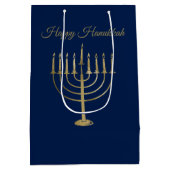 幸せなハヌカーのフェイクな金ゴールドの（ユダヤ教）メノラーの青の休日 ミディアムペーパーバッグ (裏面)