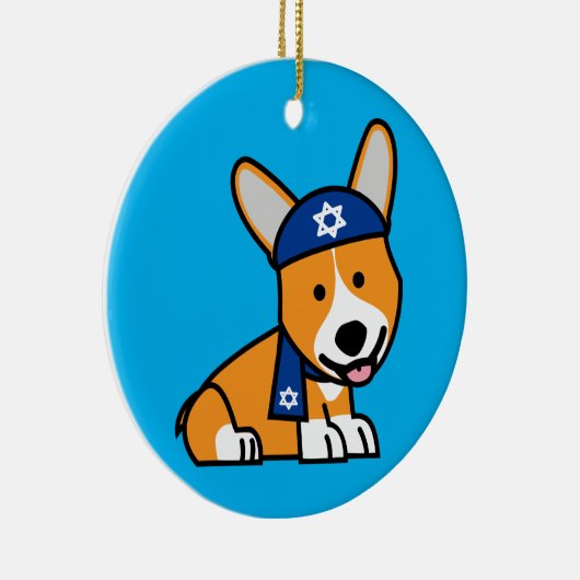 幸せなハヌカーのユダヤ人のコーギーのコーギー犬の子犬 セラミックオーナメント (右)