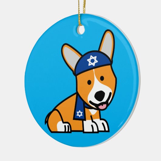 幸せなハヌカーのユダヤ人のコーギーのコーギー犬の子犬 セラミックオーナメント (左)
