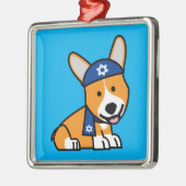 幸せなハヌカーのユダヤ人のコーギーのコーギー犬の子犬 メタルオーナメント (左)