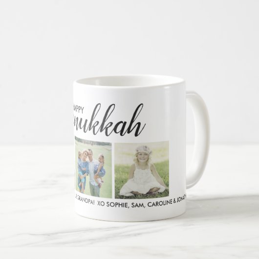 幸せなハヌカー3つの写真およびカスタムな文字 コーヒーマグカップ (正面右)