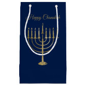 幸せなハヌカー（ユダヤ教の祭り）のフェイクな金ゴールドの（ユダヤ教）メノラーの青の休日 スモールペーパーバッグ (正面)