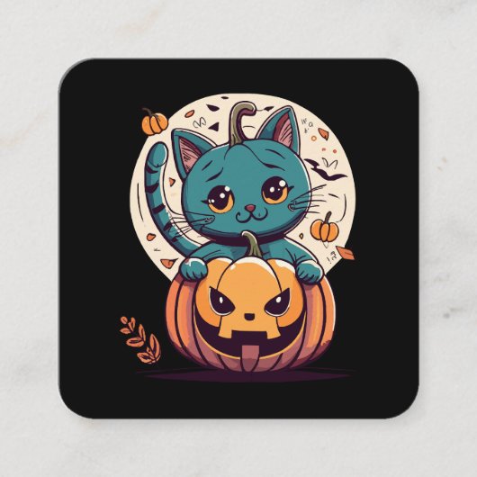 幸せなハロウィンにゃ猫とカボチャ! スクエア名刺 (正面)