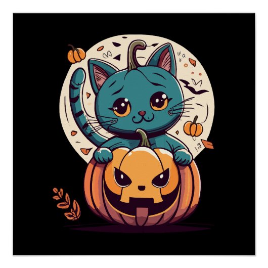 幸せなハロウィンのための猫とカボチャ ポスター (正面)
