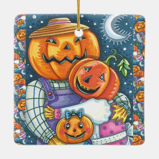 幸せなハロウィーンのカボチャのちょうちんカラフルファミリー セラミックオーナメント (裏面)