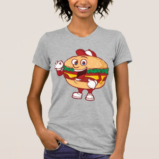 幸せなハンバーガー漫画キャラクターマスコットイラスト Tシャツ