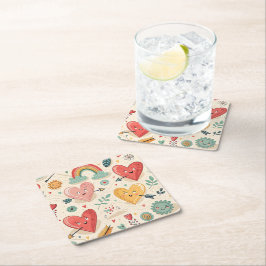 幸せなハートお洒落- Valentine's Day Pattern スクエアペーパーコースター