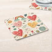 幸せなハートお洒落- Valentine's Day Pattern スクエアペーパーコースター (アングル)