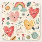 幸せなハートお洒落- Valentine's Day Pattern スクエアペーパーコースター (正面)