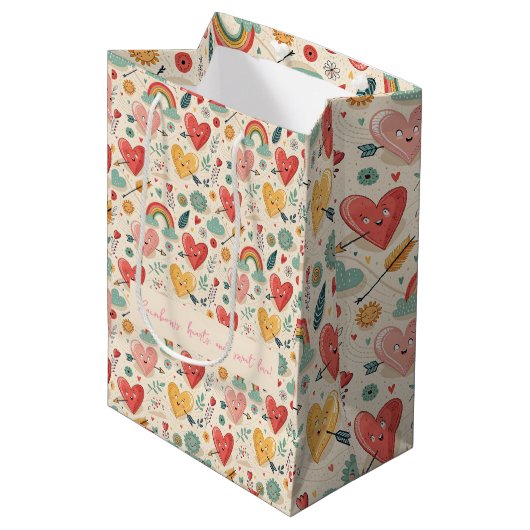 幸せなハートお洒落- Valentine's Day Pattern ミディアムペーパーバッグ (正面アングル)