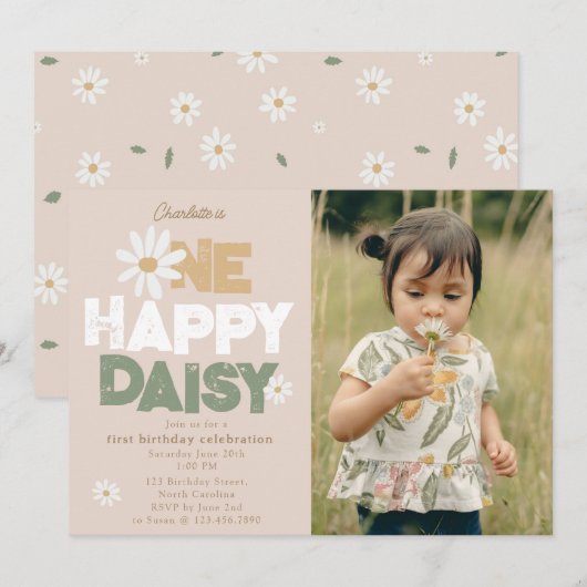 幸せなヒナギクの招待状 1歳の誕生日フォト 招待状 (正面/裏面)