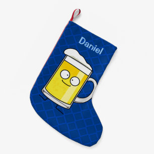 幸せなビールのジョッキのジョッキの泡によって飲まれる幸せなアルコー スモールクリスマスストッキング