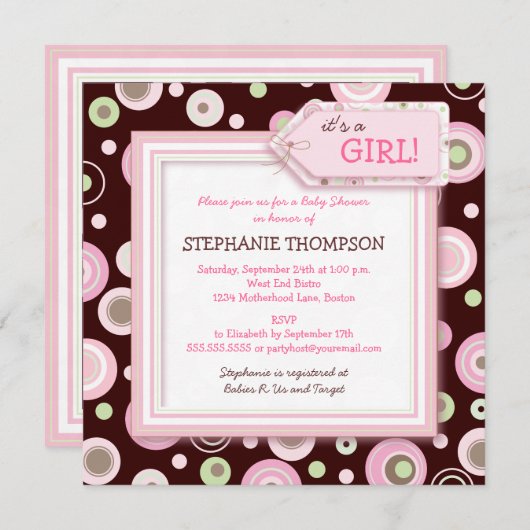 幸せなピンクは女の子のベビーシャワーの招待状に点を打ちます 招待状 (正面/裏面)