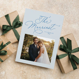 幸せなブルーの新婚クリスマスフォト シーズンカード