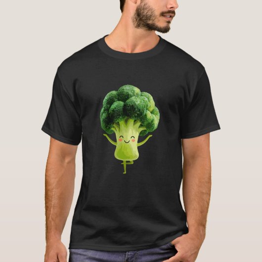 幸せなブロッコリーのヨガポーズ 楽しい野菜キャラクター Tシャツ (正面)