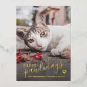 幸せなペットの休暇 猫の写真 ペット 赤いクリスマス 本物 箔シーズンカード (正面)