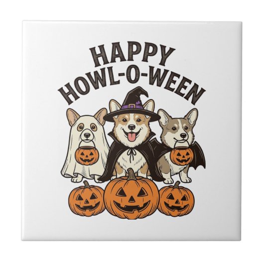 幸せなホウルオウィーン コーギー ハロウィン 犬 ベクター デザイン タイル (正面)