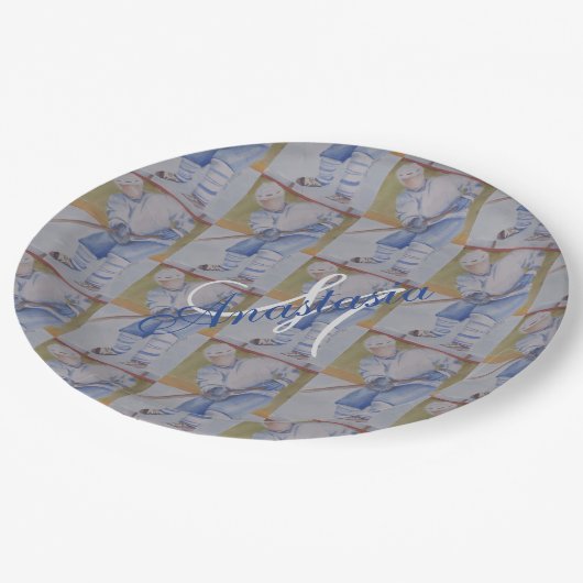 幸せなホッケーのパーティーのモノグラム ペーパープレート (アングル)